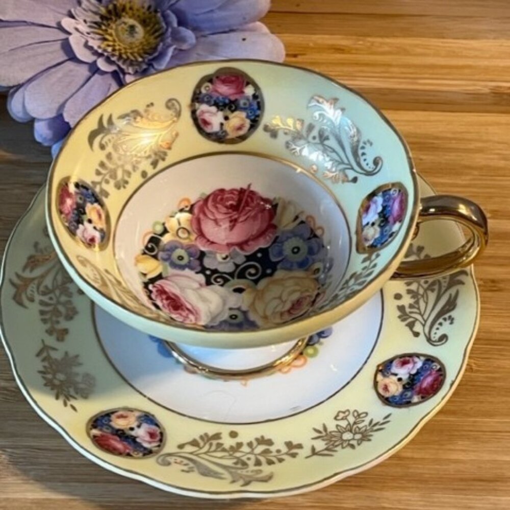 Cabbage Rose tea cup saucer yellow pink Royal Sealy China Made in Japan Vintage